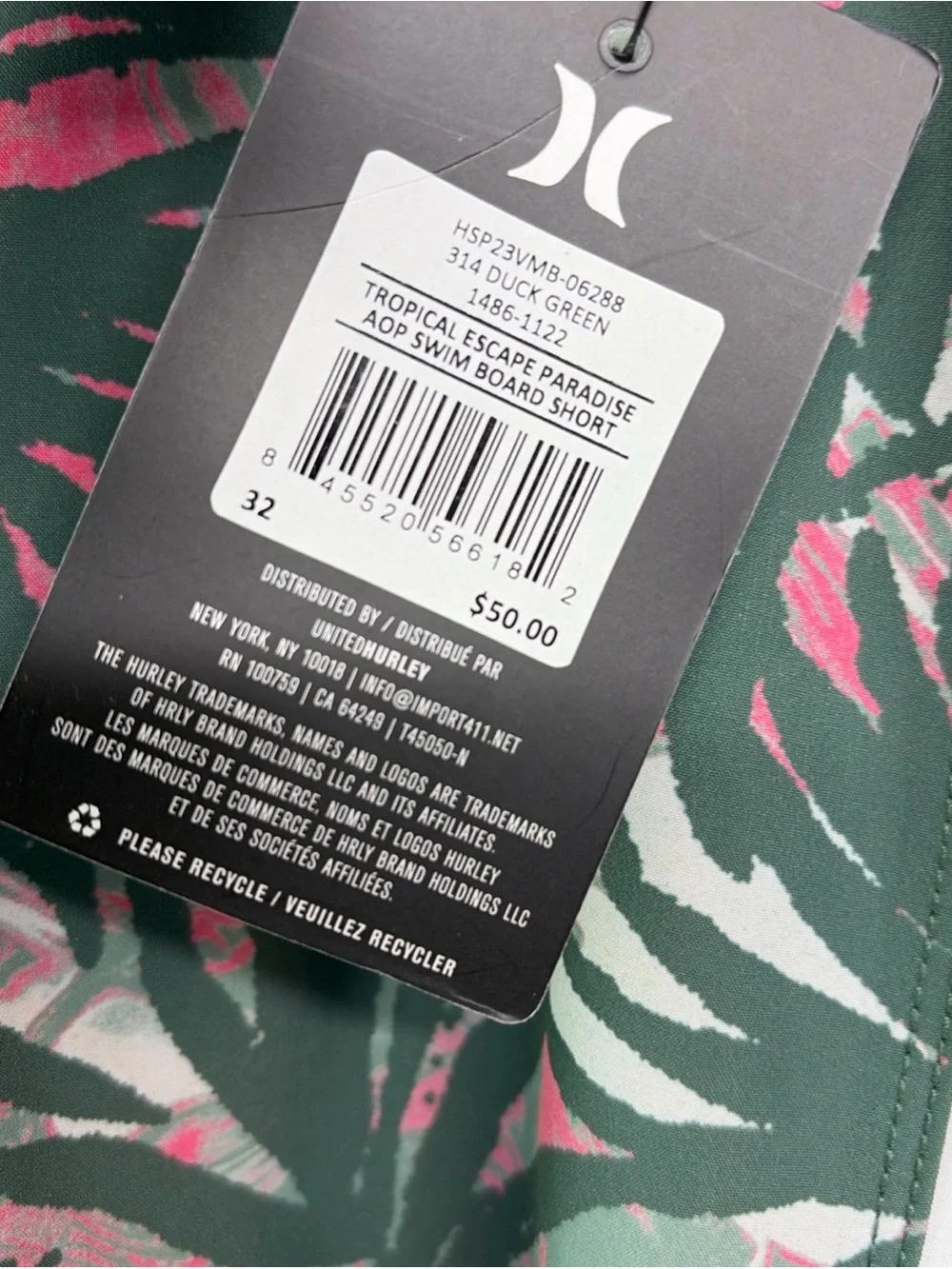 NEW Hurley Tropical Escape Paradise Men's Size 32 Green Board Shorts Swim Trunks